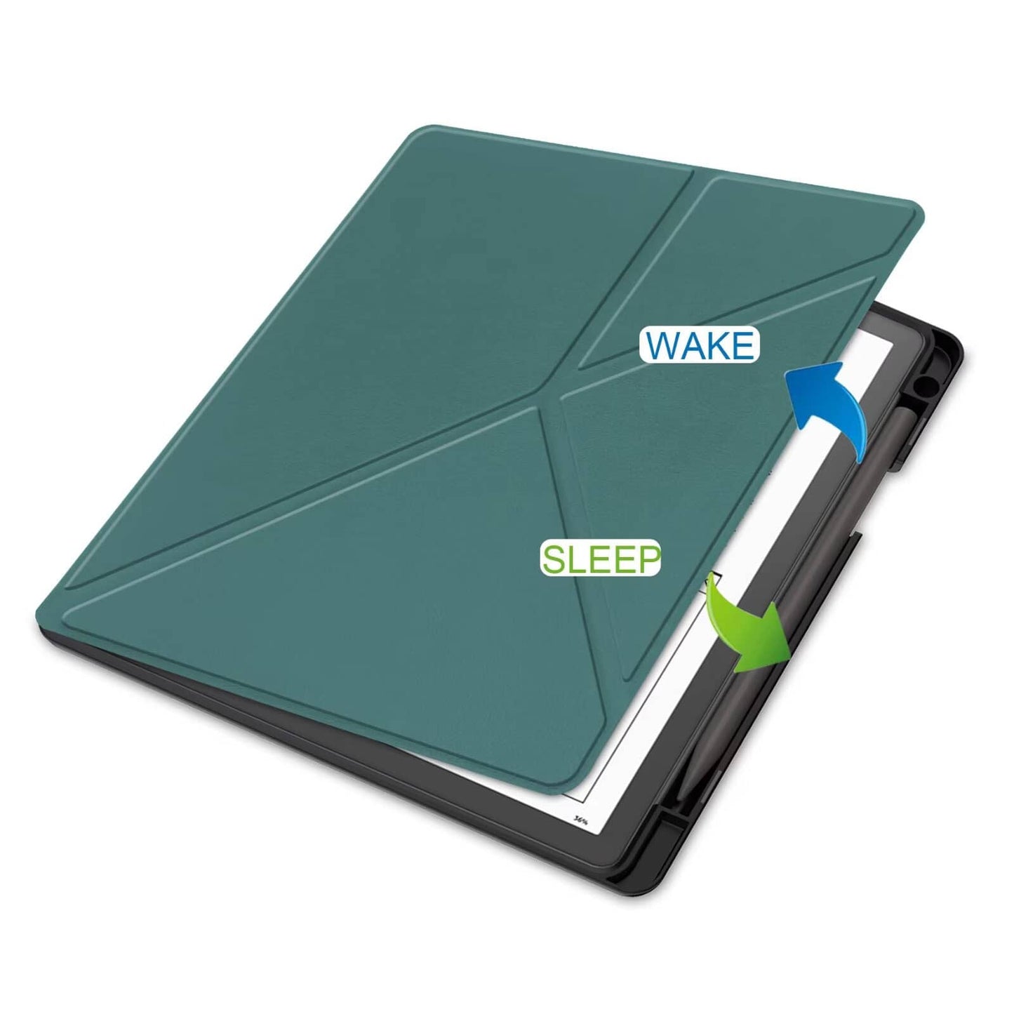 Dark green TPU Transformers style smart cover with pen holder and auto wake/sleep function for Kindle Scribe 1st generation 10.2 inch (2022 and 2024 release) auto wake sleep function.