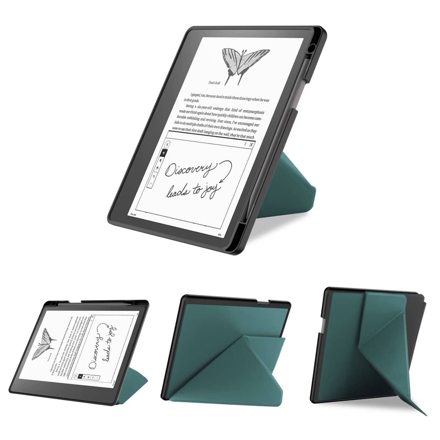 Dark green TPU Transformers style smart cover with pen holder and auto wake/sleep function for Kindle Scribe 1st generation 10.2 inch (2022 and 2024 release) different angles.