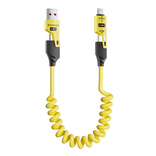 Yellow 4-in-1 retractable USB C to Lightning and Type-C data sync and fast charger cable, shown with various connectors for laptop, phone, and tablet.