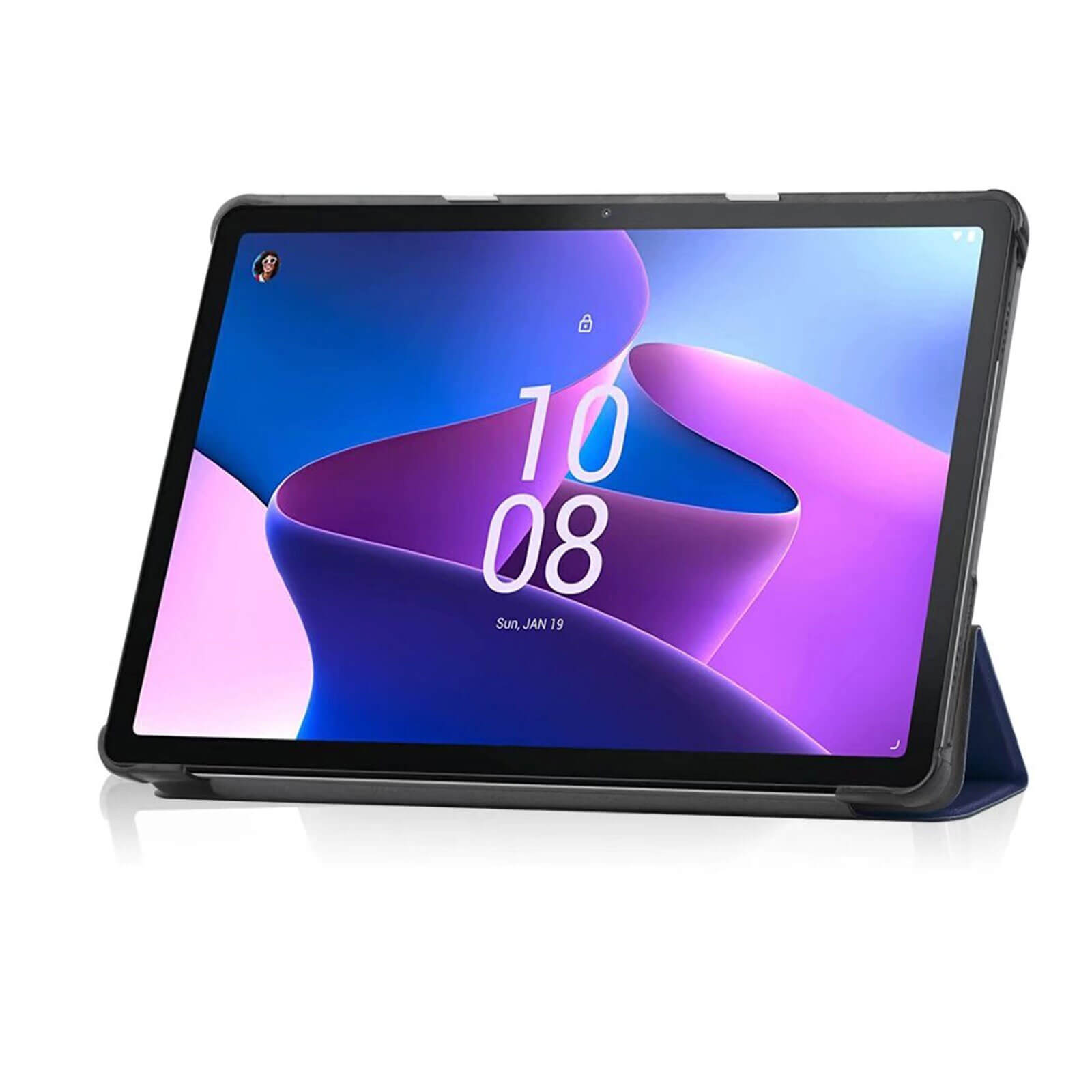 Lenovo Tab M10 (3rd Gen) 10.1 inch tri-fold hard shell smart cover with auto wake function in navy blue color stand front