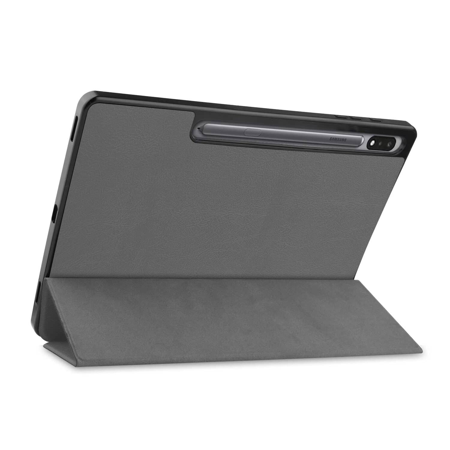 Gray Samsung Galaxy Tab S7 Plus Smart Cover standing in viewing mode, highlighting multi-angle stand function back.