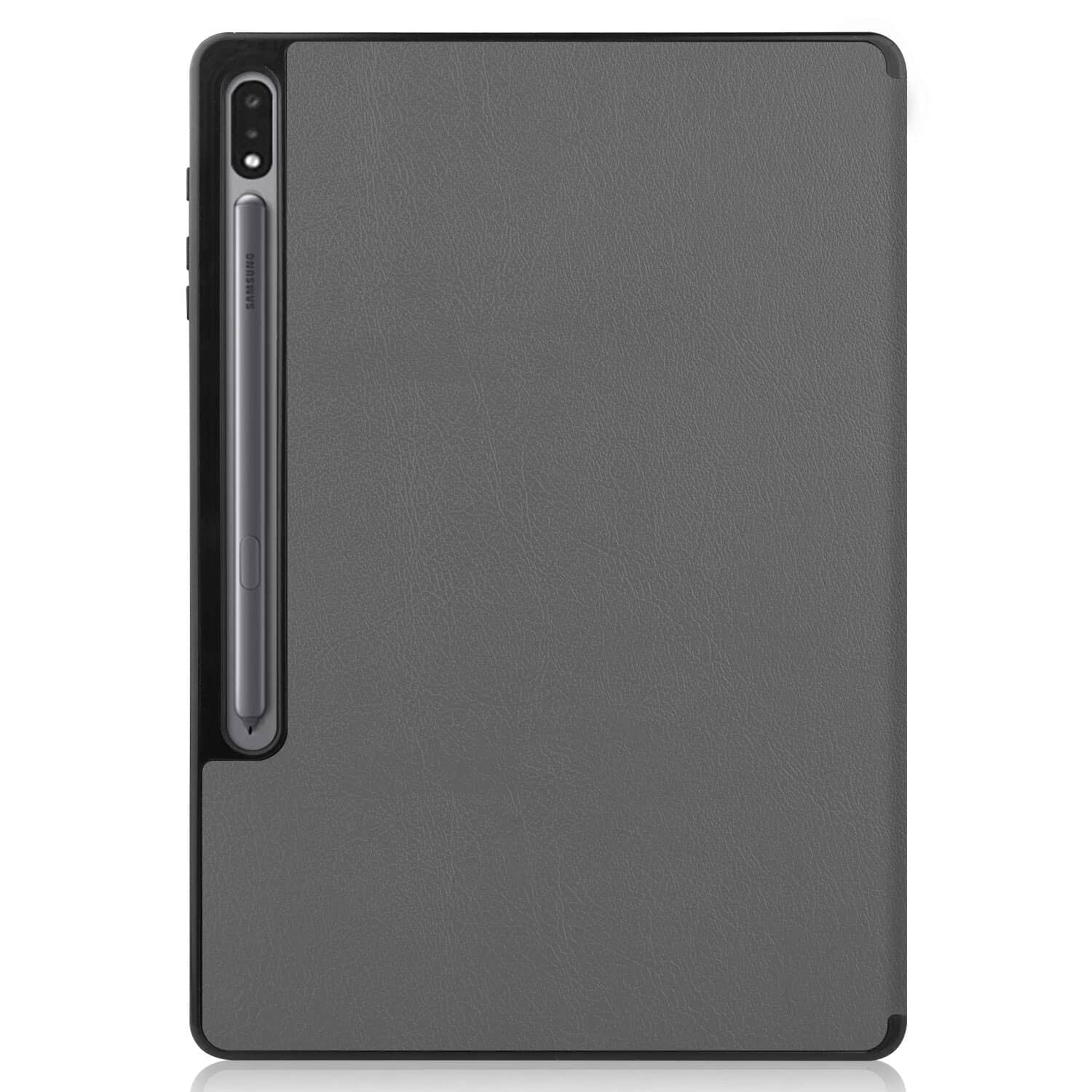 Back view of Samsung Galaxy Tab S7 Smart Cover in gray, showing integrated S Pen holder.