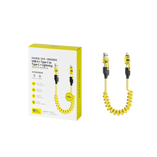 Yellow show 4-in-1 retractable USB C to Lightning and Type-C data sync and fast charger cable, shown with various connectors for laptop, phone, and tablet.