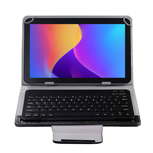 Black PU leather universal Bluetooth keyboard case for Acer A410 4G, showing tablet in stand position with keyboard and stitched finish.