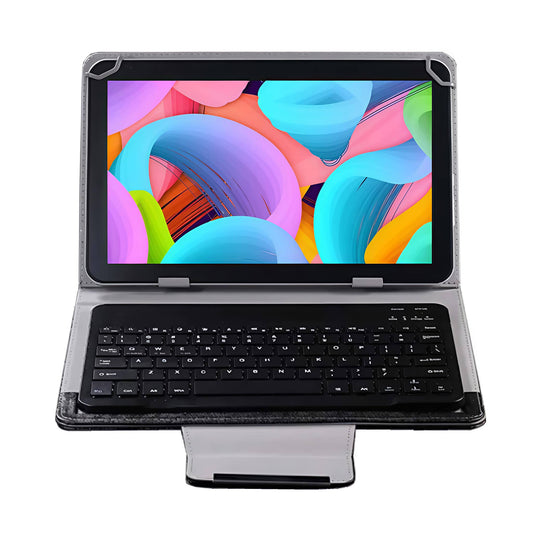 Black PU leather universal Bluetooth keyboard case for Acer Tab iM10-22, showing tablet in stand position with keyboard and stitched finish.