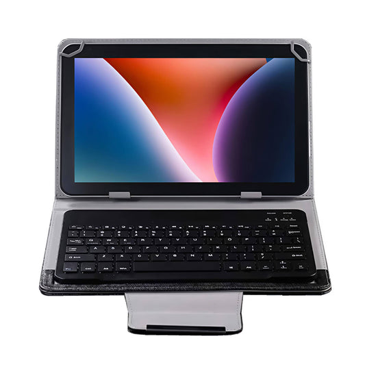 Black PU leather universal Bluetooth keyboard case for AGM Pad P2, showing tablet in stand position with keyboard and stitched finish.