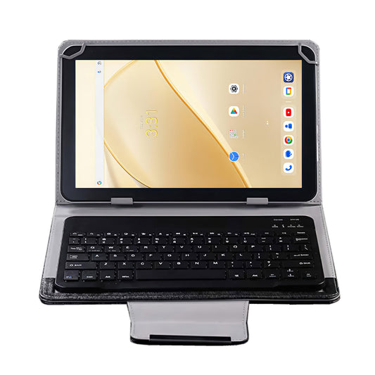 Black PU leather universal Bluetooth keyboard case for Alldocube iPlay 70 and iPlay 70 Pro, showing tablet in stand position with keyboard and stitched finish.