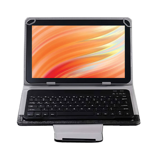 Black PU leather universal Bluetooth keyboard case for Amazon Fire HD 10 Tablet, showing tablet in stand position with keyboard and stitched finish.