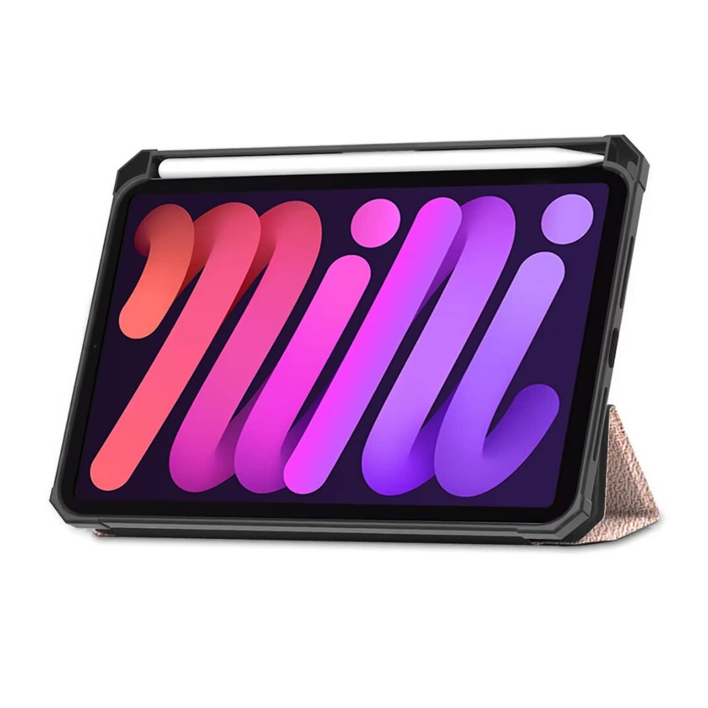 iPad mini 7 / 6 8.3-inch tablet case in rose gold, featuring a tri-fold TPU back cover with auto wake function stand front.