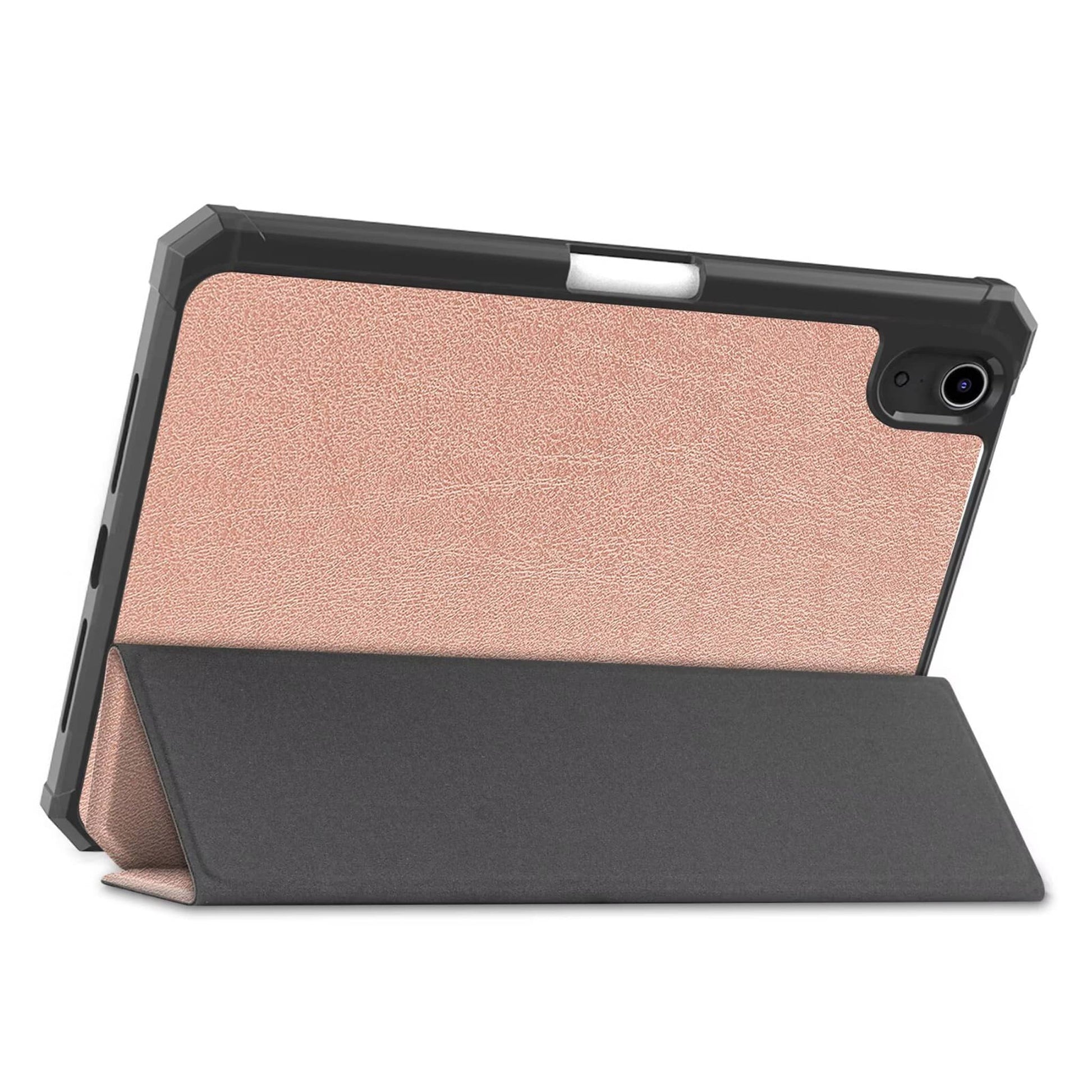 iPad mini 7 / 6 8.3-inch tablet case in rose gold, featuring a tri-fold TPU back cover with auto wake function stand back.