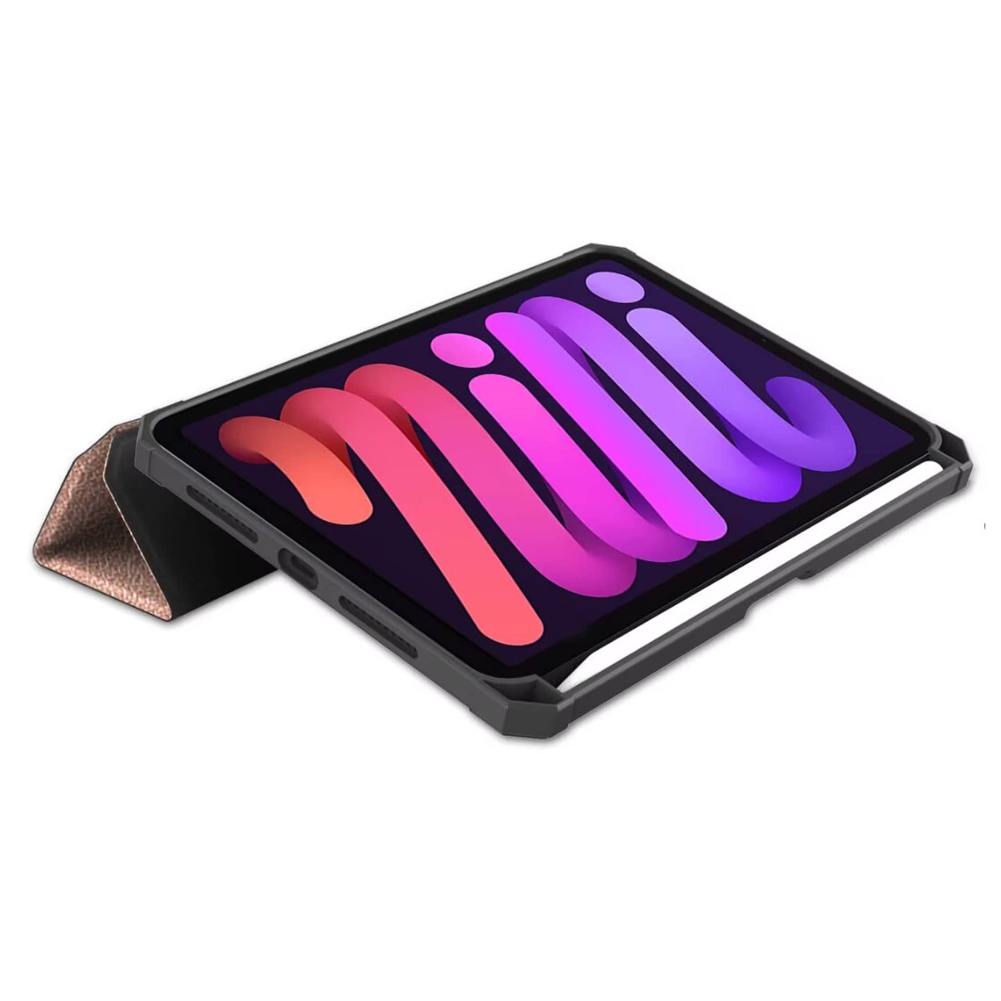 iPad mini 7 / 6 8.3-inch tablet case in rose gold, featuring a tri-fold TPU back cover with auto wake function input stand