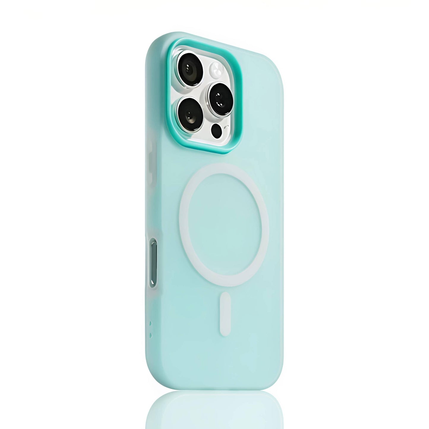 Glacier Blue MagSafe compatible matte silicone iPhone case with translucent back and raised camera protection for iPhone 11-16 series.