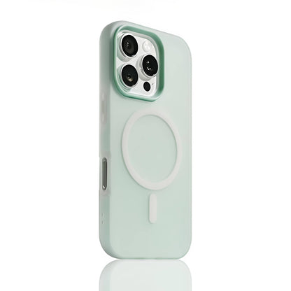 Pale Cyan MagSafe compatible matte silicone iPhone case with translucent back and raised camera protection for iPhone 11-16 series.