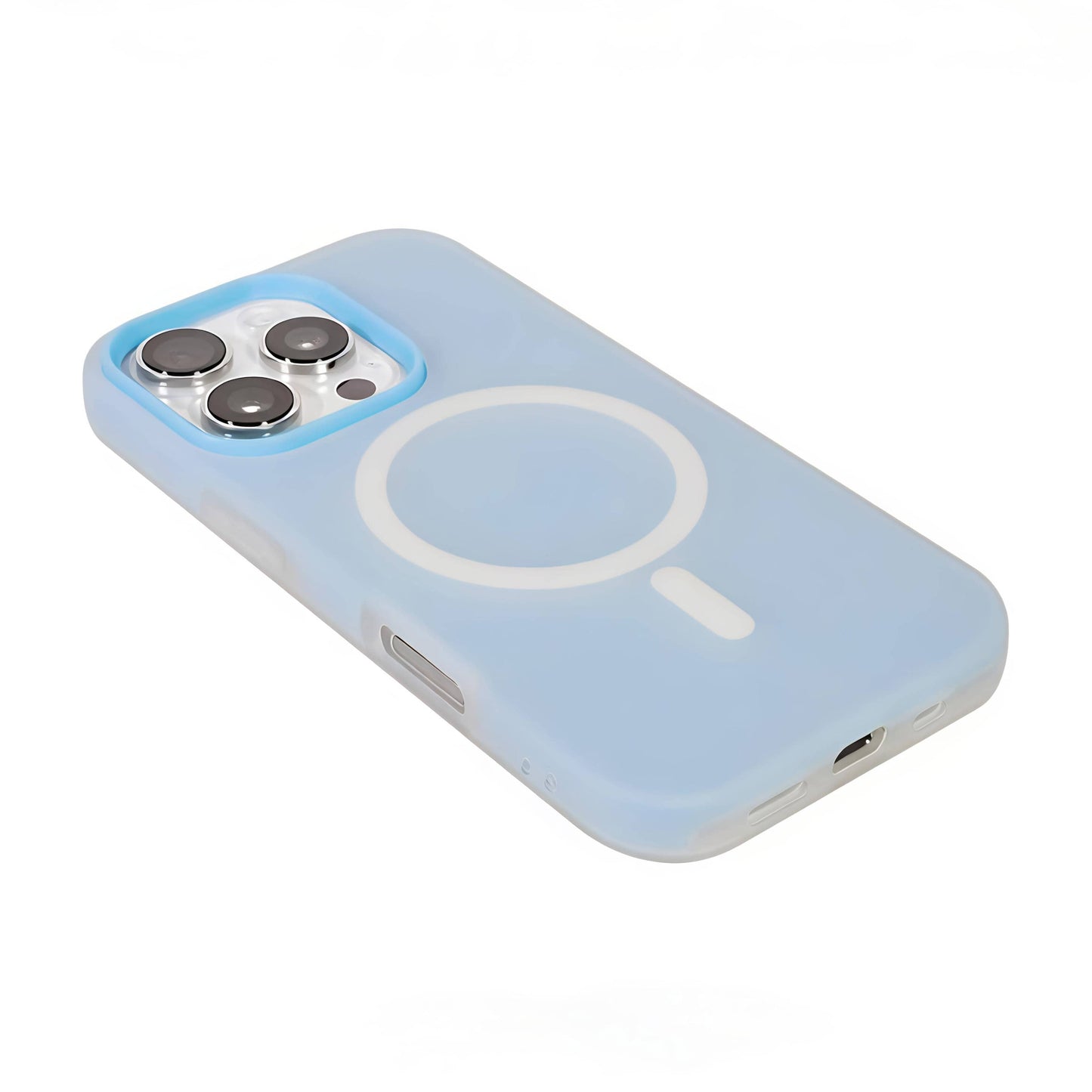 Sky blue MagSafe compatible matte silicone iPhone case with translucent back and raised camera protection for iPhone 11-16 series.