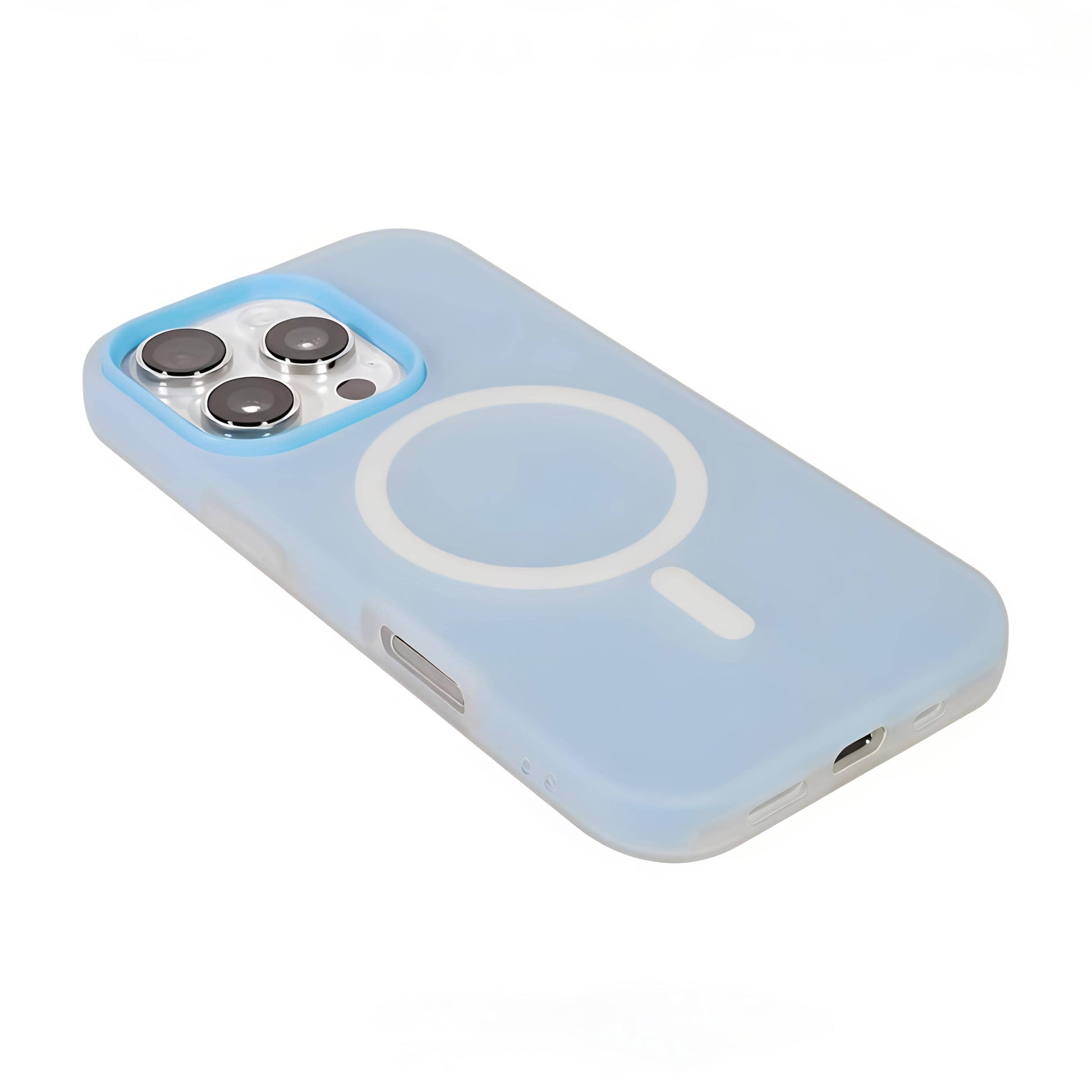 Sky blue MagSafe compatible matte silicone iPhone case with translucent back and raised camera protection for iPhone 11-16 series.