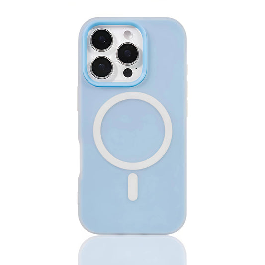 Sky blue MagSafe compatible matte silicone iPhone case with translucent back and raised camera protection for iPhone 11-16 series.