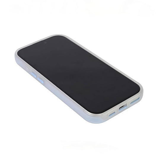 Sky blue MagSafe compatible matte silicone iPhone case with translucent back and raised camera protection for iPhone 11-16 series.