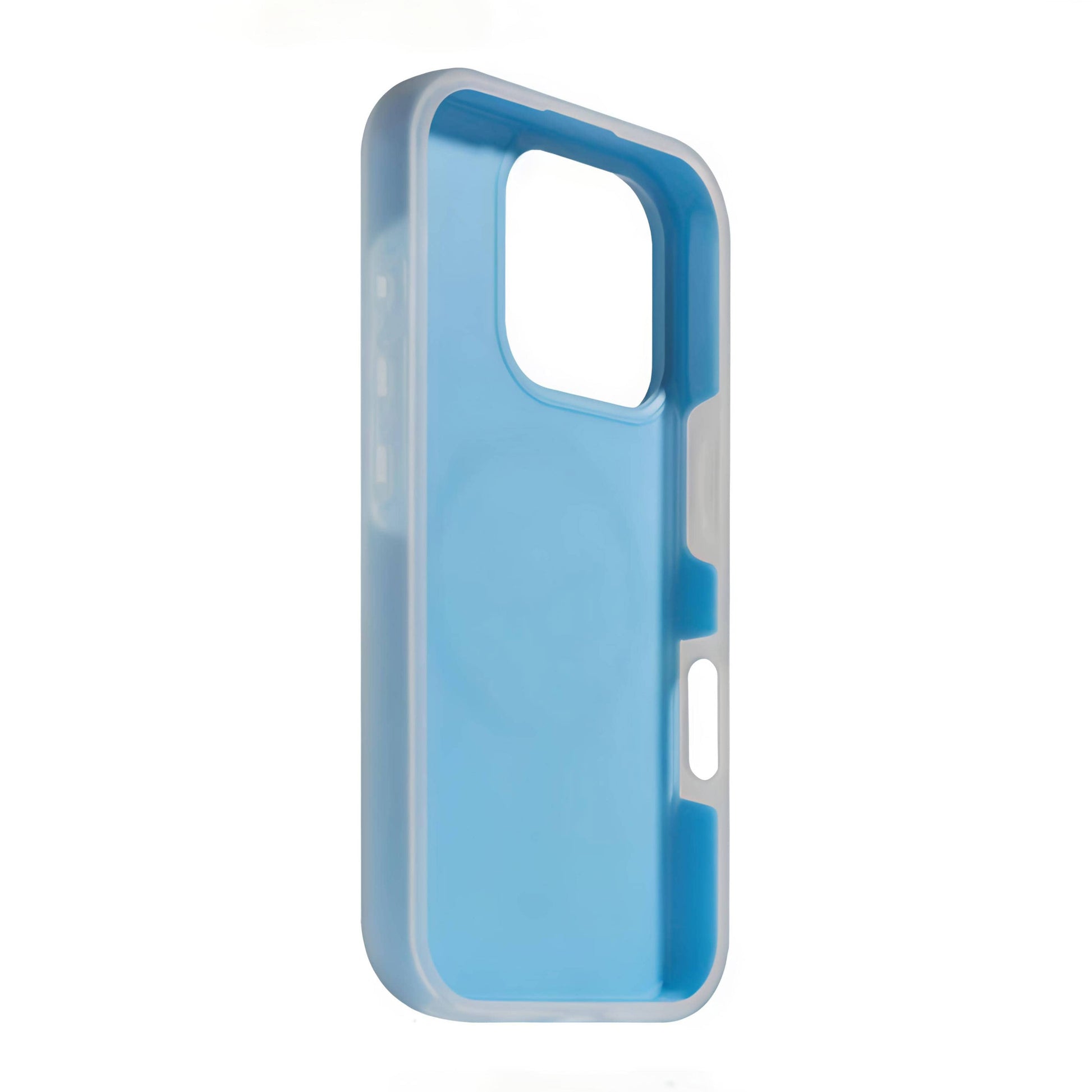 Sky blue MagSafe compatible matte silicone iPhone case with translucent back and raised camera protection for iPhone 11-16 series.