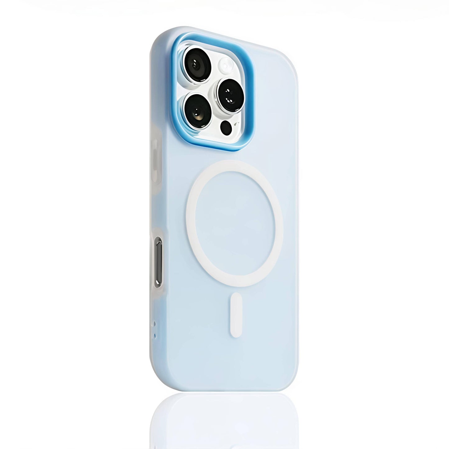 Sky blue MagSafe compatible matte silicone iPhone case with translucent back and raised camera protection for iPhone 11-16 series.