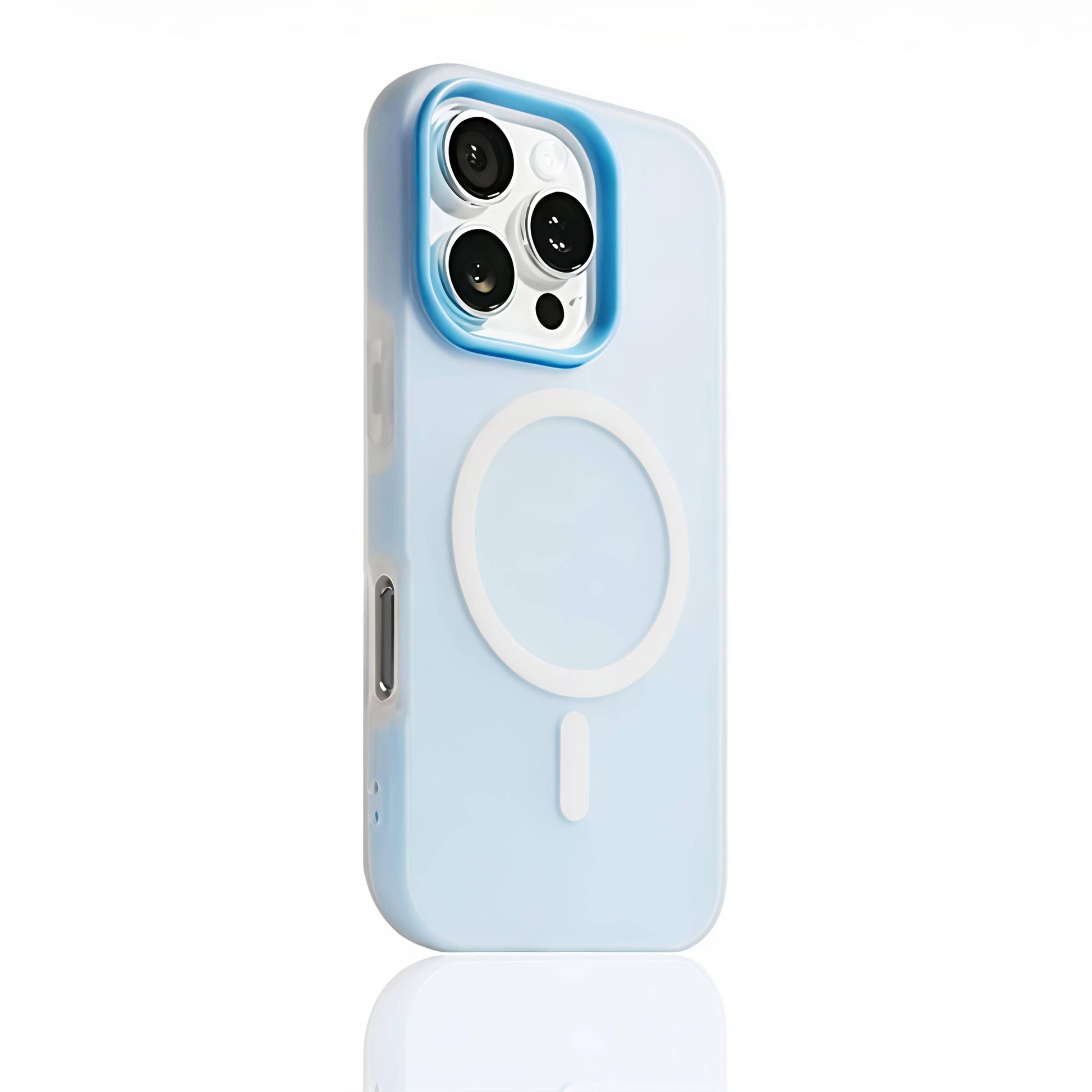 Sky blue MagSafe compatible matte silicone iPhone case with translucent back and raised camera protection for iPhone 11-16 series.