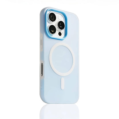 Sky blue MagSafe compatible matte silicone iPhone case with translucent back and raised camera protection for iPhone 11-16 series.