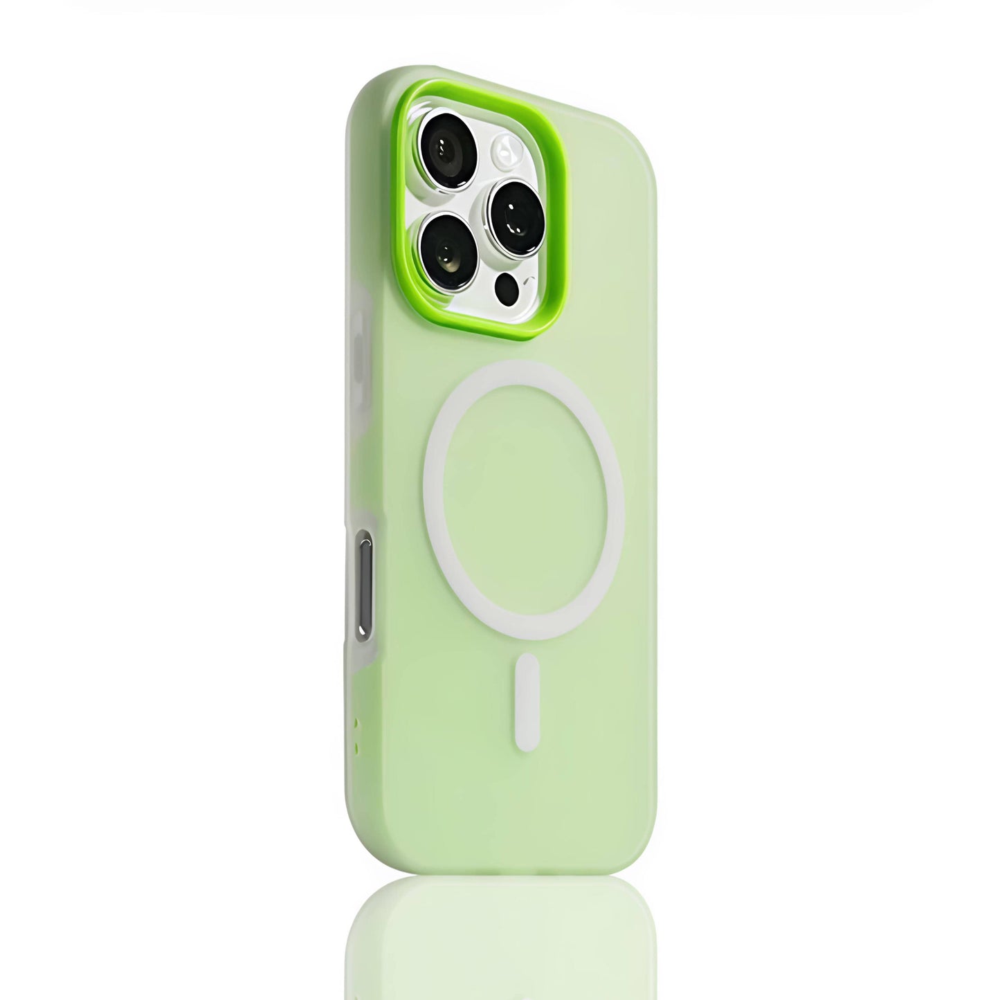 Light green MagSafe compatible matte silicone iPhone case with translucent back and raised camera protection for iPhone 11-16 series.